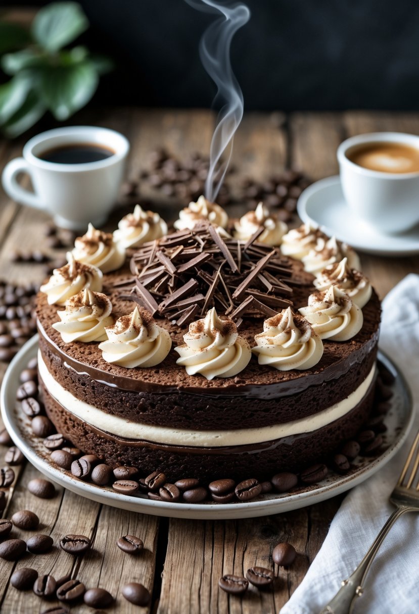 A close-up of an espresso coffee torte on a wooden table with a cup of espresso and coffee beans nearby.