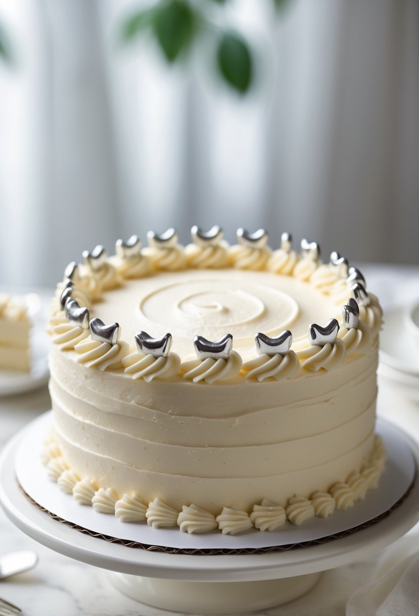 A vanilla frosted baby cake decorated with small edible silver teeth on top.