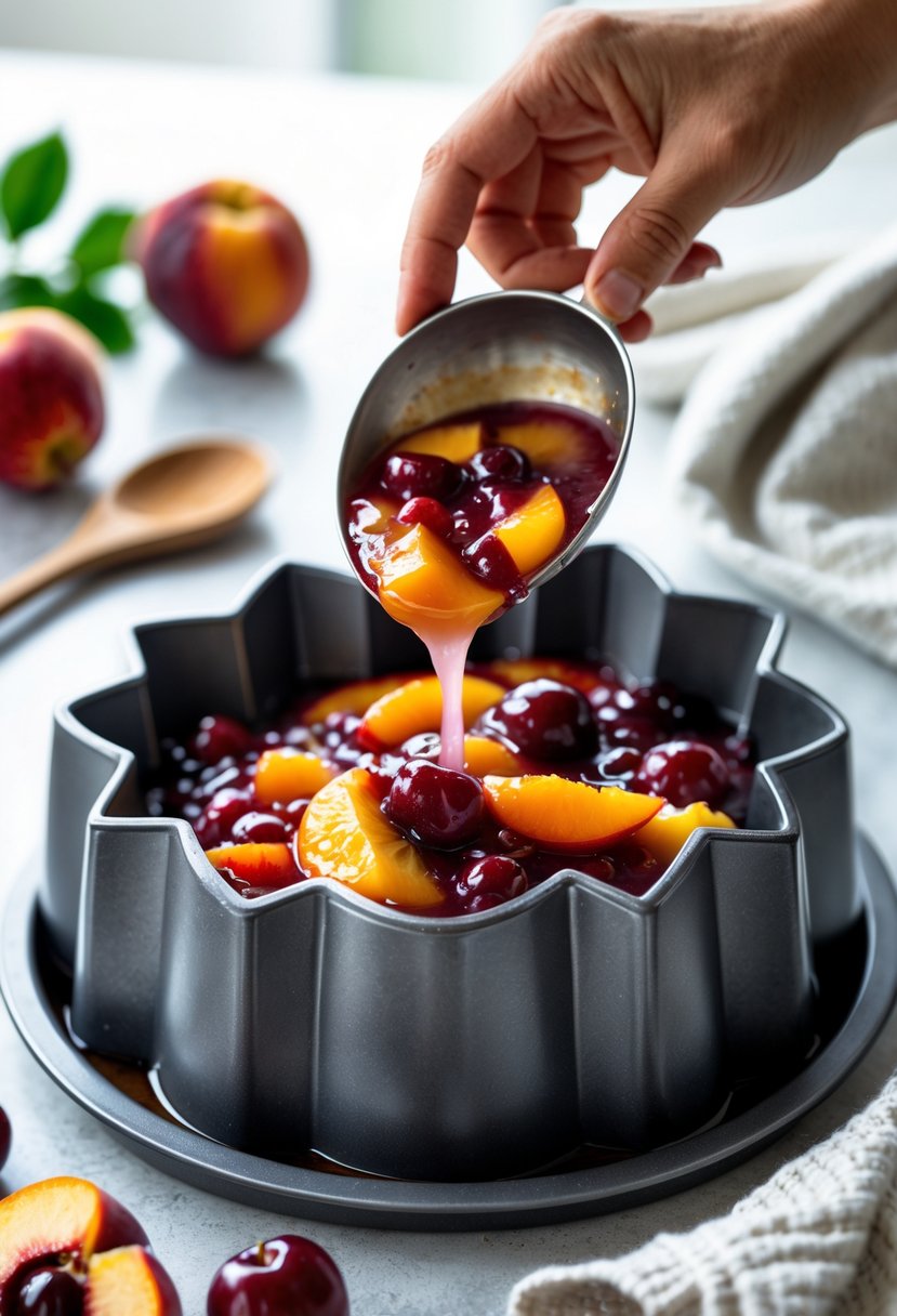 Close-up of fruit compote filling being added to a Bundt cake mold on a kitchen countertop with fresh fruits nearby.