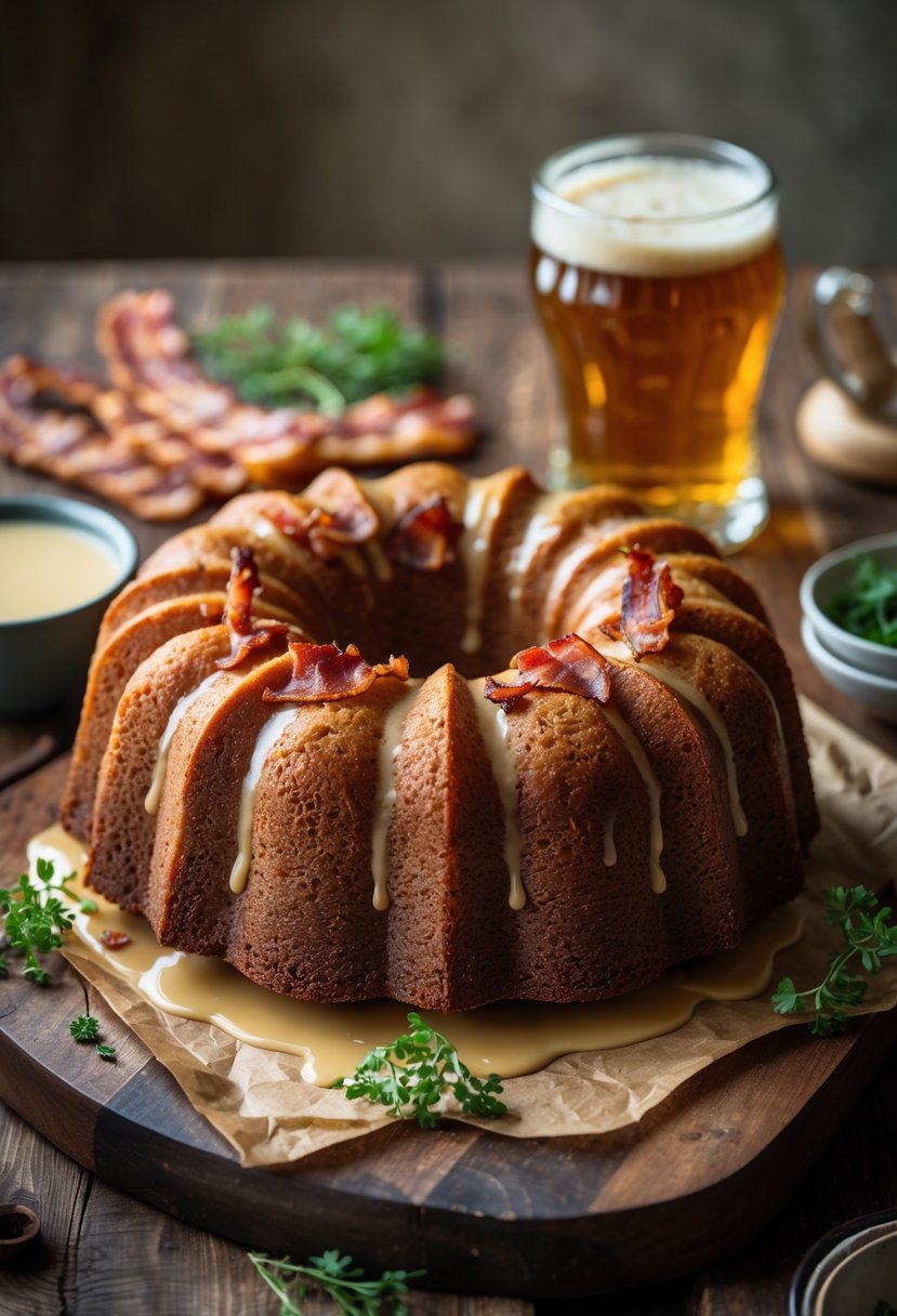 A bacon and beer Bundt cake on a wooden board with bacon strips, a glass of beer, and a bowl of glaze nearby.
