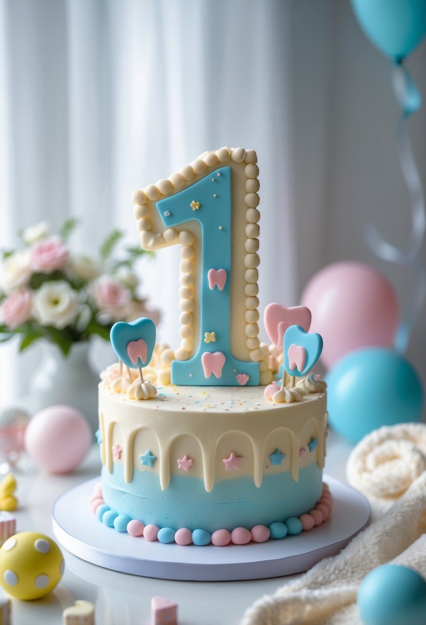 A decorated milestone number cake celebrating a baby's first tooth surrounded by baby toys and a soft blanket.