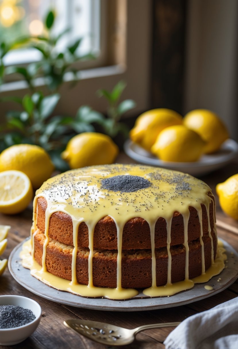 A lemon poppy seed drizzle cake on a wooden table with fresh lemons and poppy seeds around it.