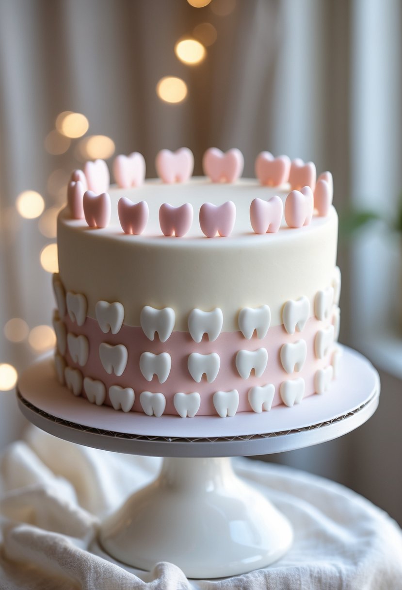 A pastel-colored baby cake decorated with fondant patterned with small white baby teeth shapes on a white cake stand.