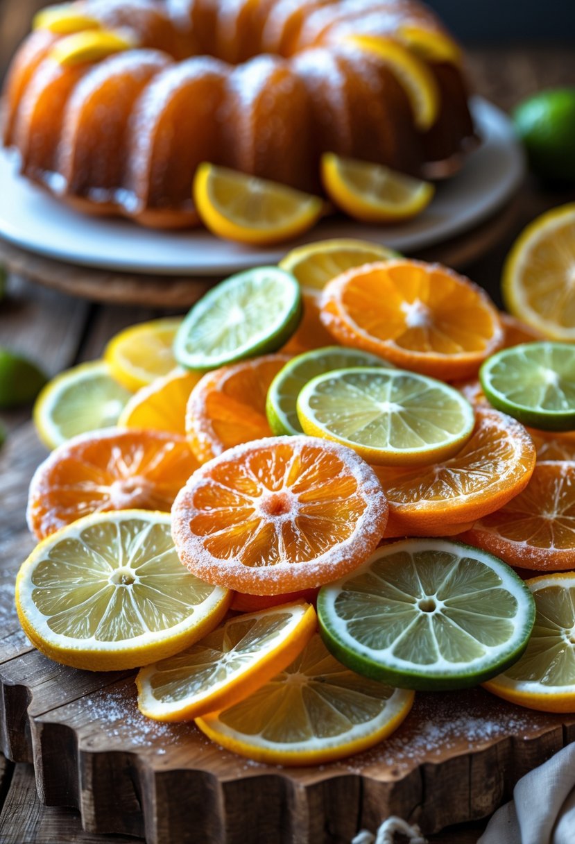 Close-up of candied orange, lemon, and lime slices arranged on a wooden surface with a Bundt cake decorated with citrus elements blurred in the background.