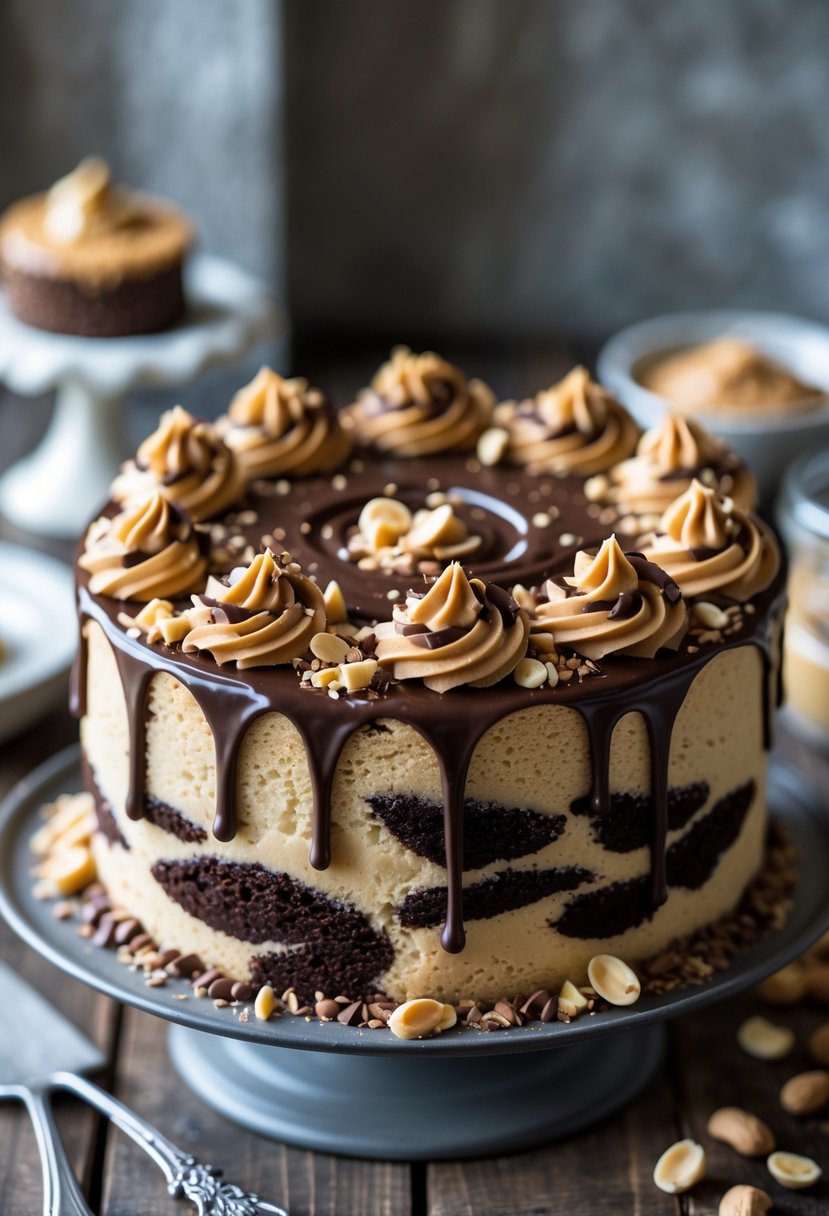 A peanut butter and chocolate swirl cake on a wooden table, topped with chocolate ganache and chopped peanuts.