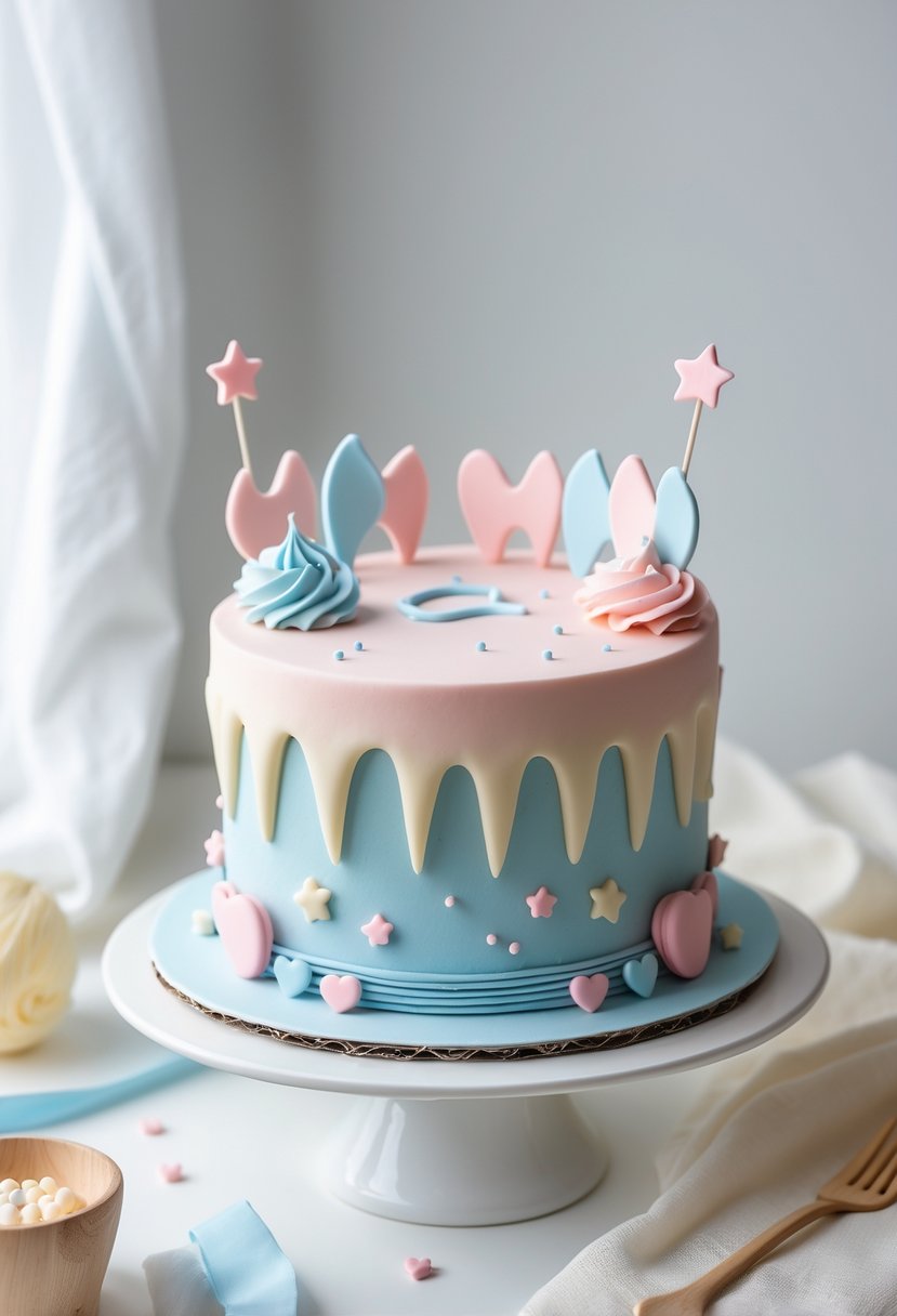 A pastel blue and pink baby first teeth cake decorated with fondant teeth shapes and baby-themed accents on a white background.