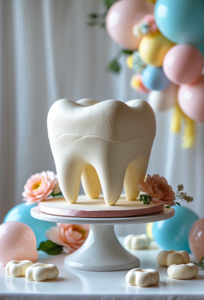 A 3D tooth-shaped cake centerpiece surrounded by pastel baby-themed decorations on a white table.
