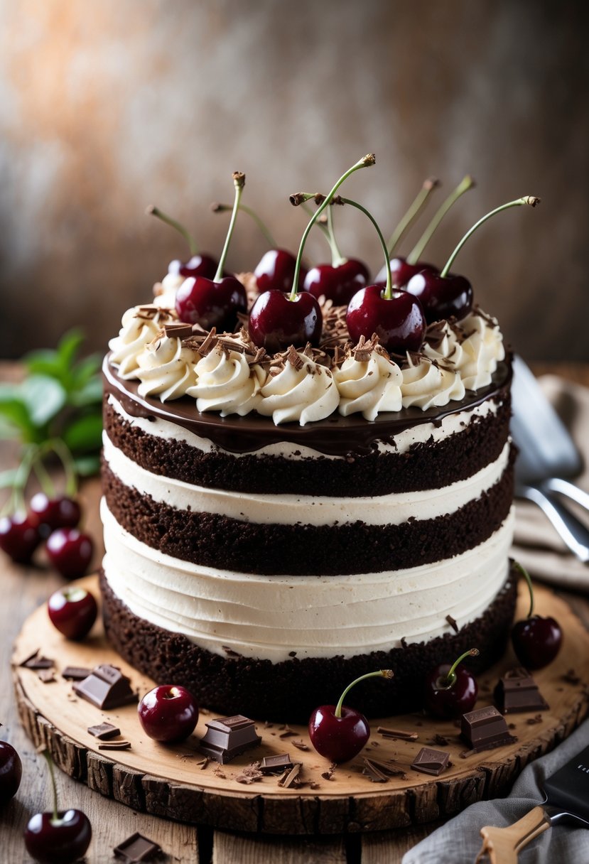 A Black Forest Gateau cake with layers of chocolate, cream, and cherries on a wooden table, surrounded by cake-cutting utensils and cherries.