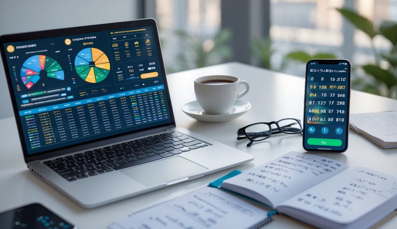 Meja kerja modern dengan laptop, smartphone, dan buku catatan yang menampilkan data dan grafik untuk prediksi togel Jepang.