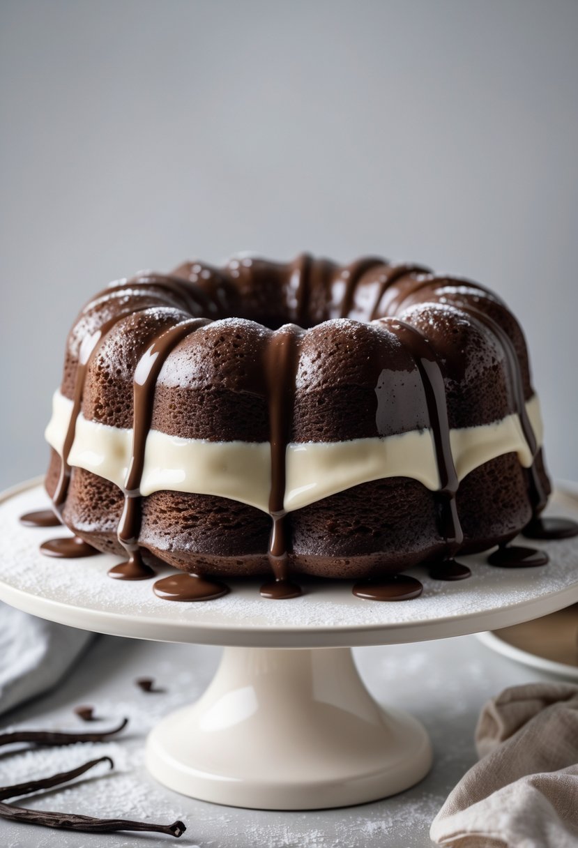 A Bundt cake with layered chocolate and vanilla glaze on a white cake stand.