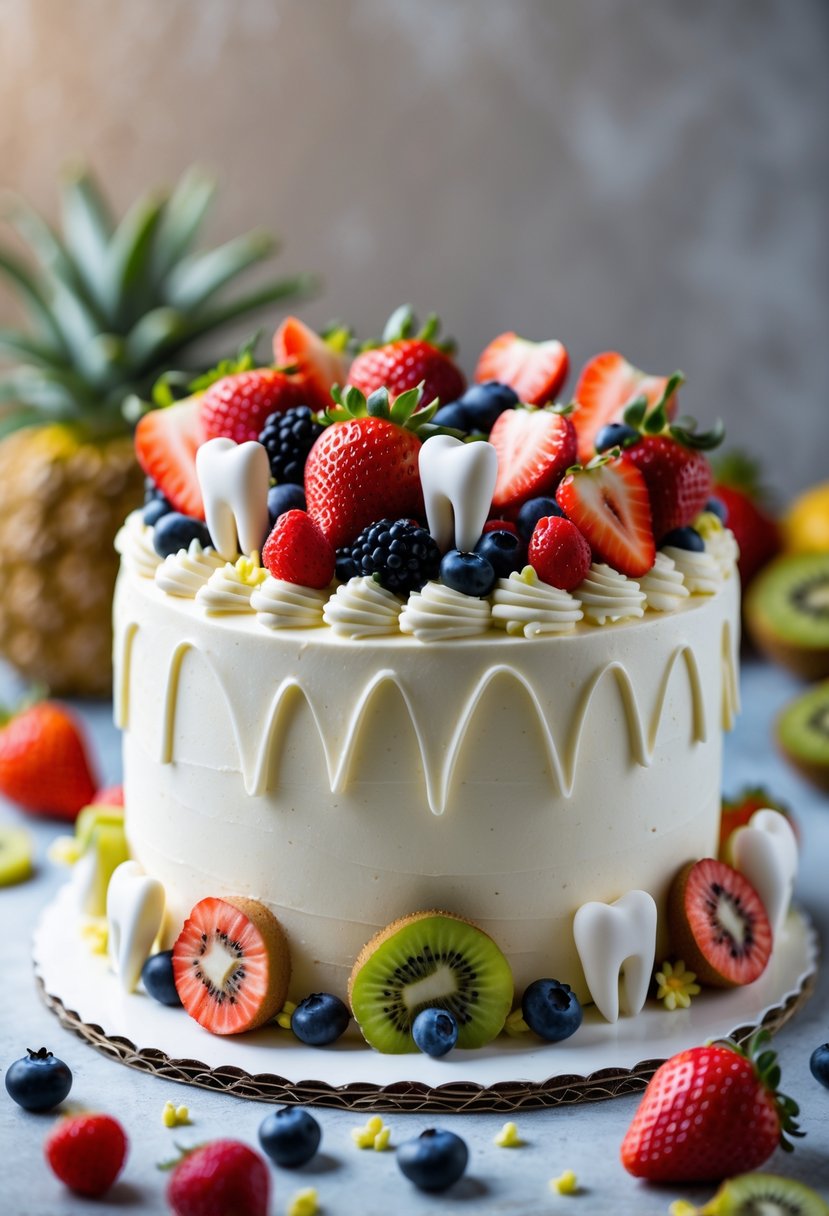 A baby cake topped with fresh fruits and small sugar tooth decorations on white frosting.