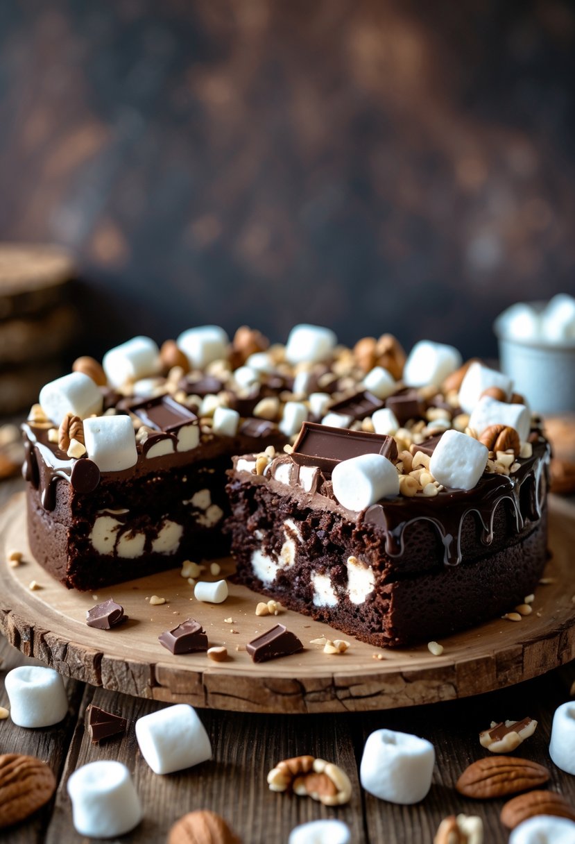 A sliced Rocky Road Brownie Cake on a wooden table with marshmallows, nuts, and chocolate pieces around it.