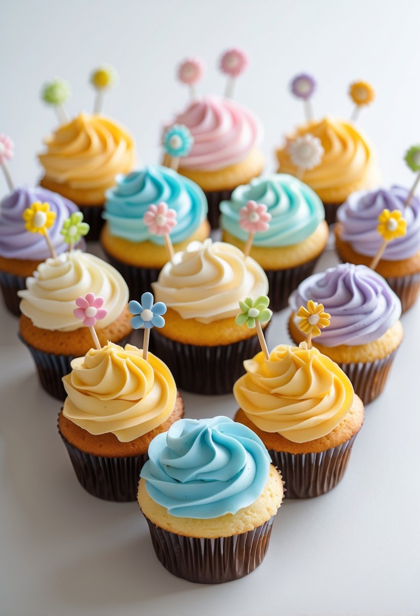 A bouquet of colorful cupcakes decorated with toothpicks arranged to look like flowers on a white background.