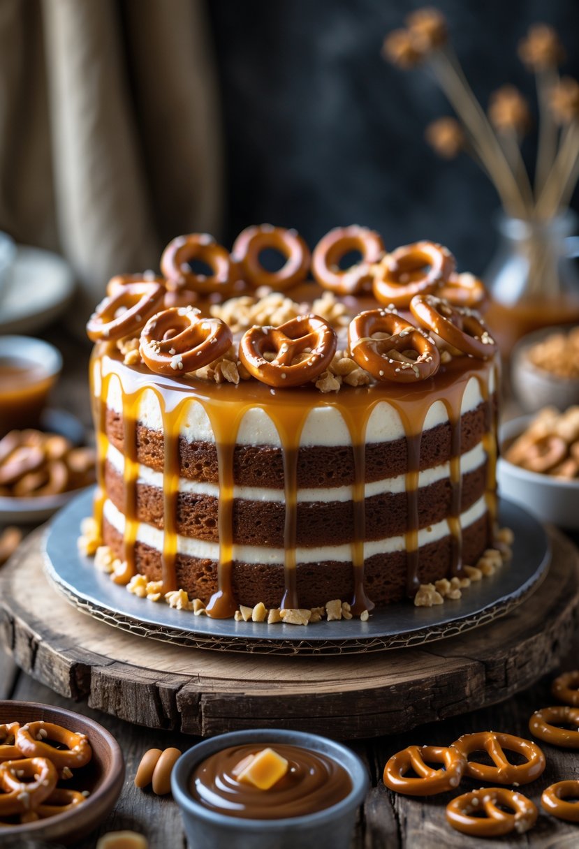A multi-layered salted caramel pretzel cake topped with pretzels and caramel drizzle on a wooden table with scattered pretzels and caramel sauce nearby.