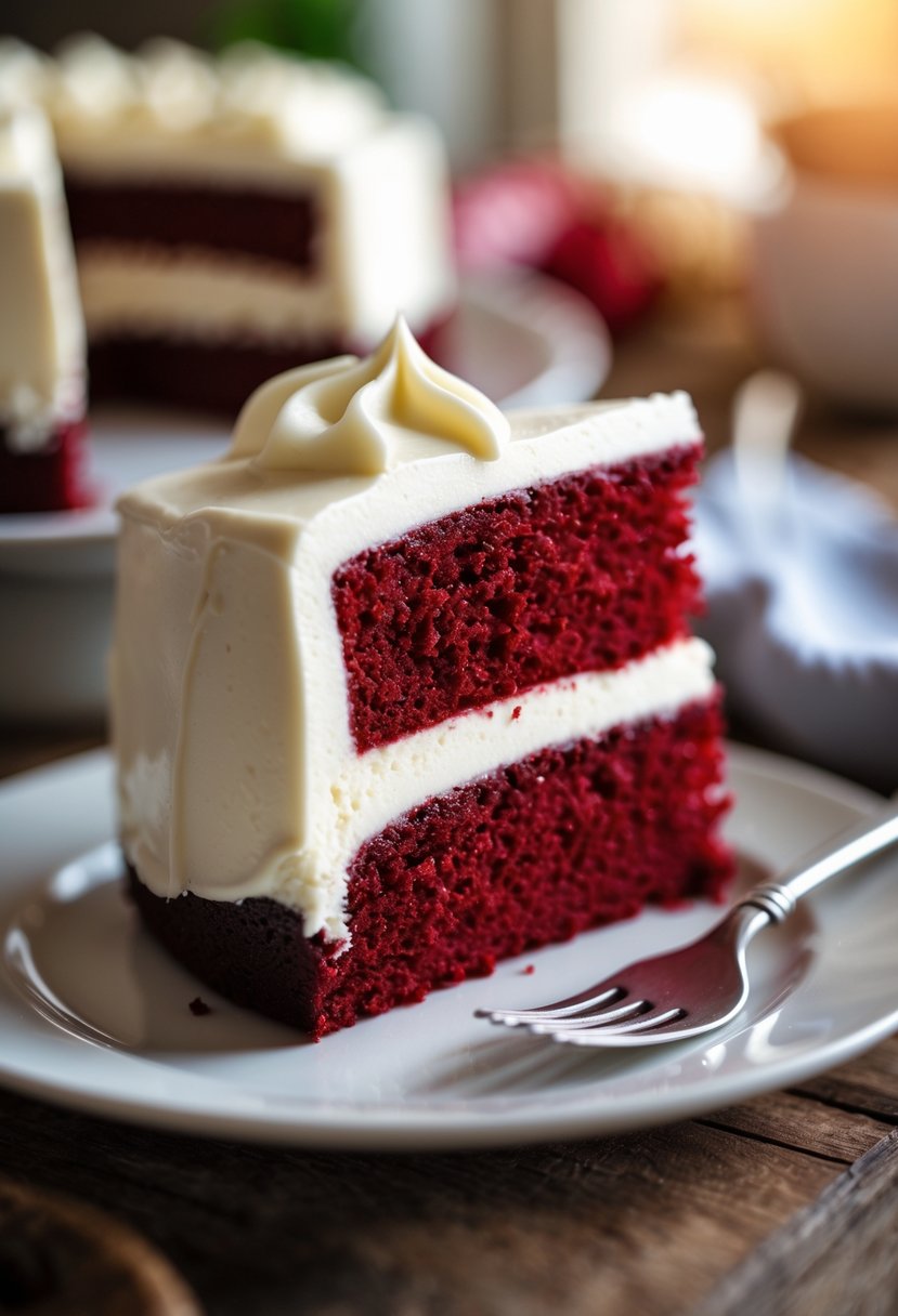 A slice of red velvet cake with cream cheese frosting on a white plate with a fork.