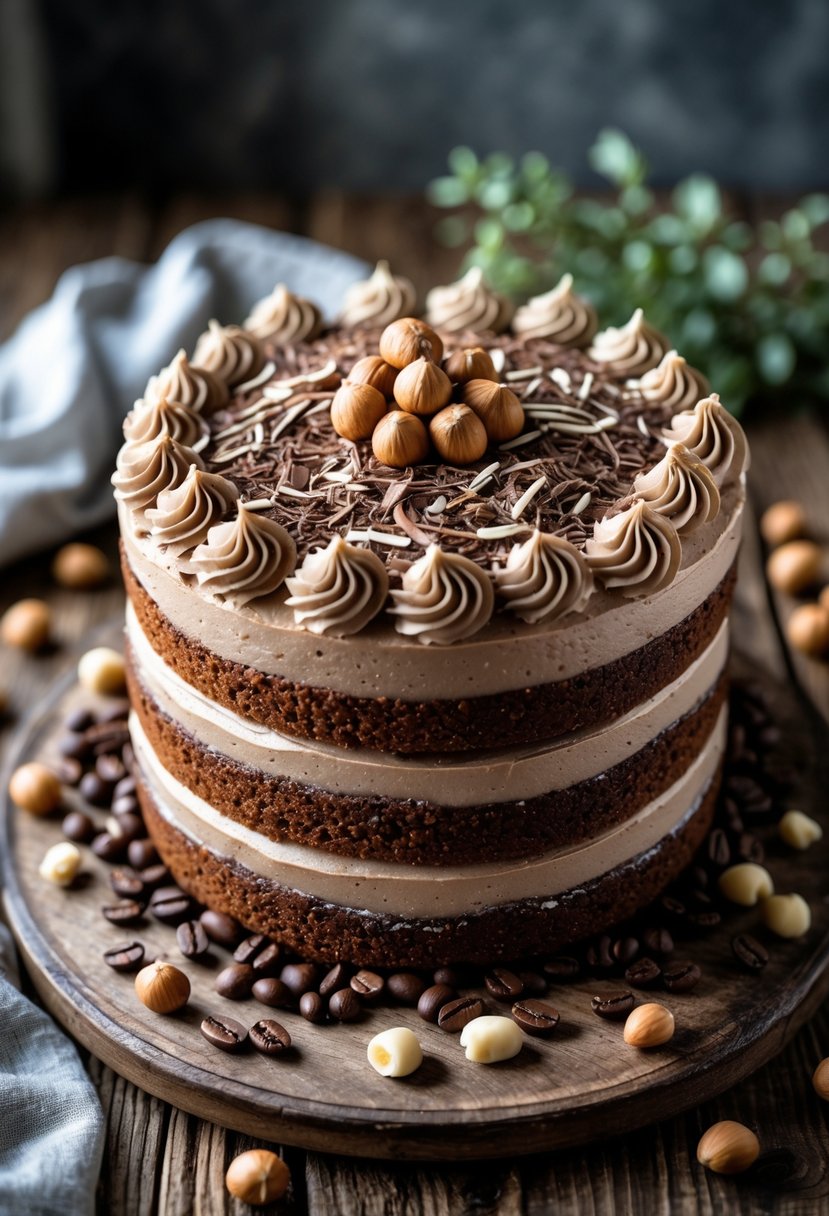 A multi-layered mocha and hazelnut cake topped with hazelnuts and chocolate shavings on a wooden table with hazelnuts and coffee beans around it.