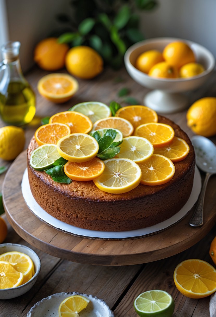 A citrus olive oil cake topped with slices of lemon, orange, and lime on a wooden table with whole citrus fruits and a bowl of olive oil nearby.