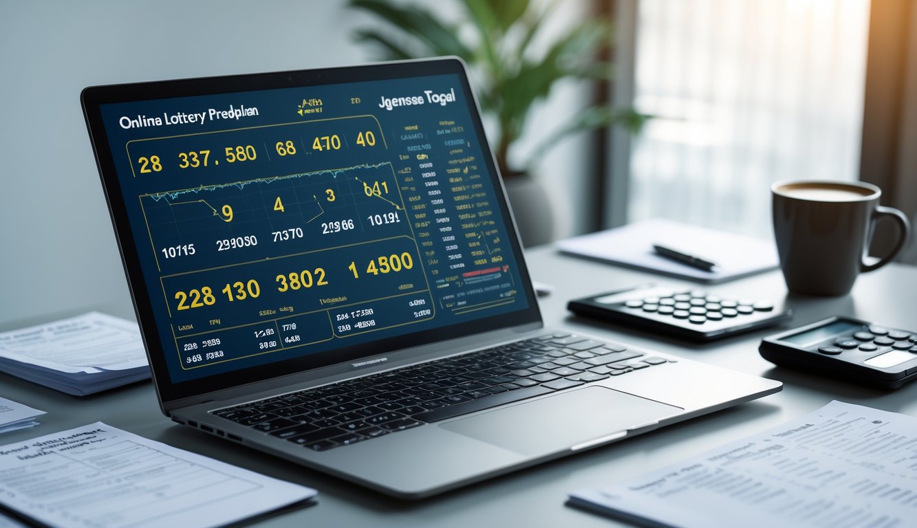 Meja kerja modern dengan laptop menampilkan data angka dan simbol shio untuk prediksi togel Jepang, dikelilingi catatan dan alat tulis.