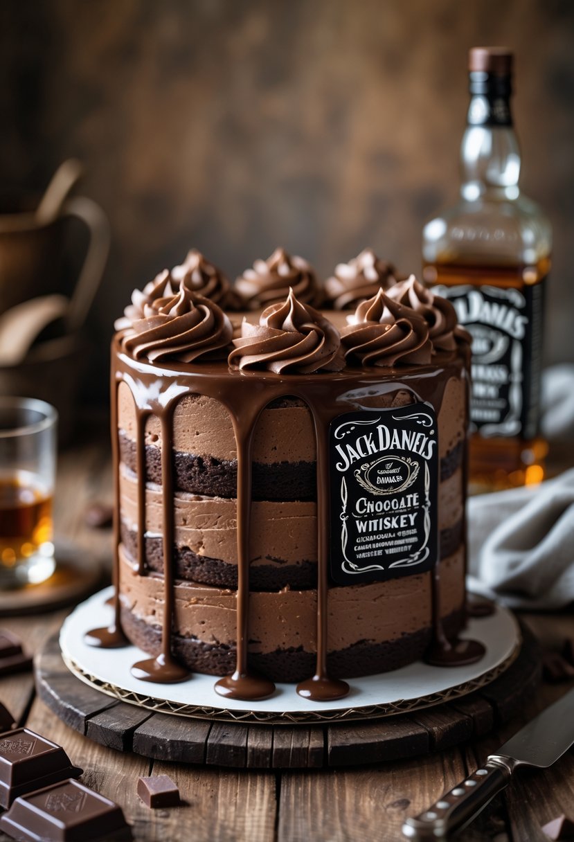 A multi-layered chocolate fudge cake with glossy frosting on a wooden table, accompanied by a glass of whiskey and chocolate pieces.