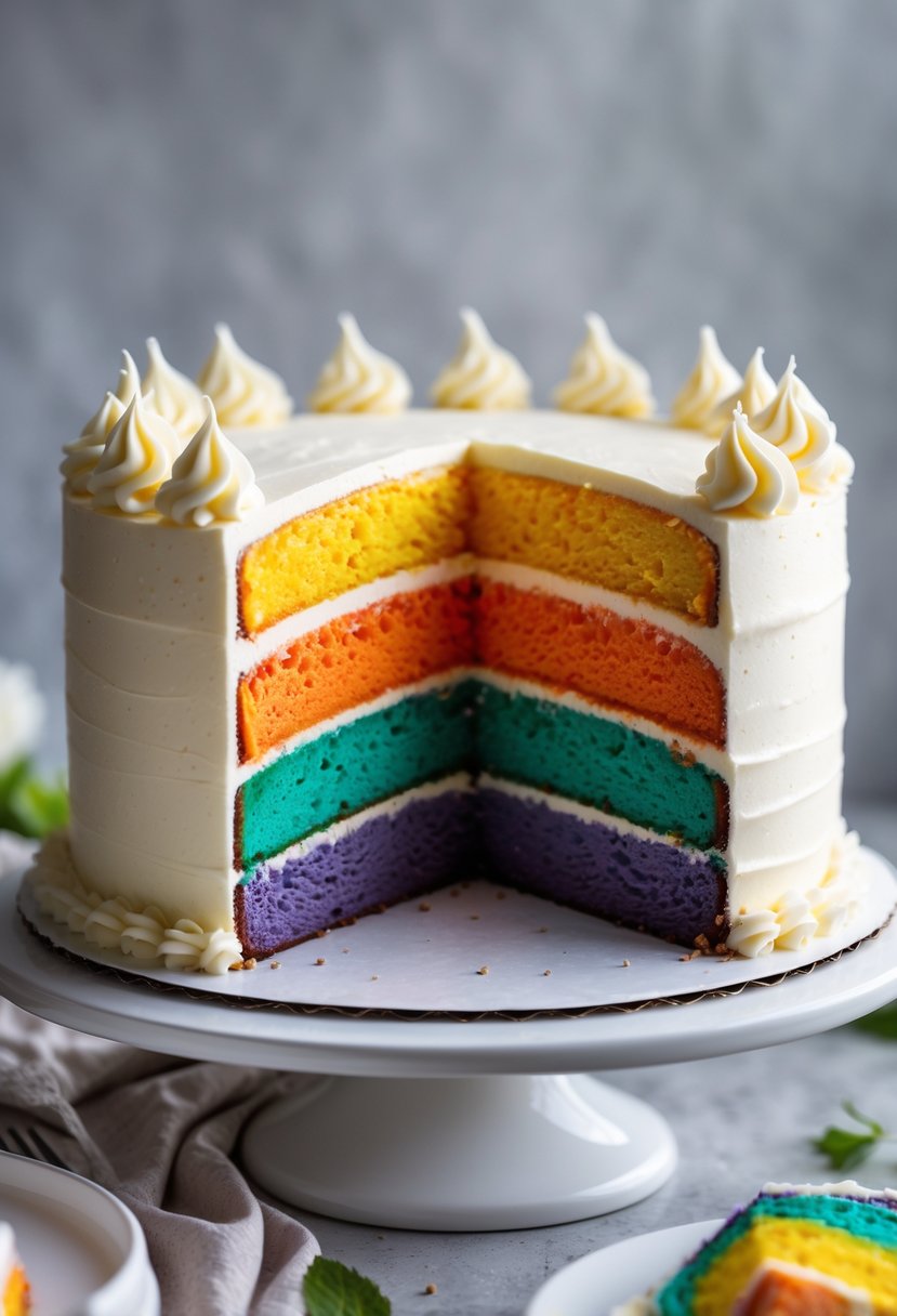 A sliced rainbow layer cake with white buttercream frosting on a cake stand.