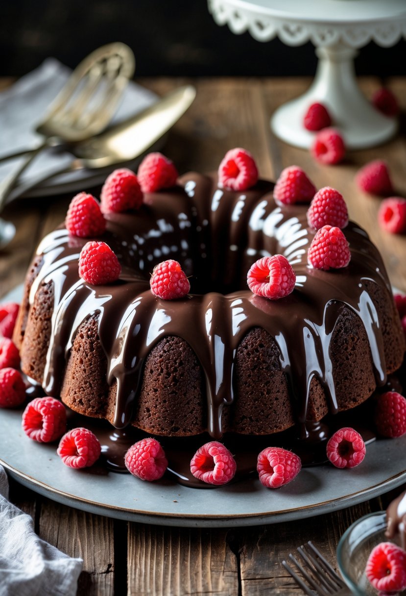 A raspberry chocolate bundt cake with chocolate glaze and fresh raspberries on a wooden table.
