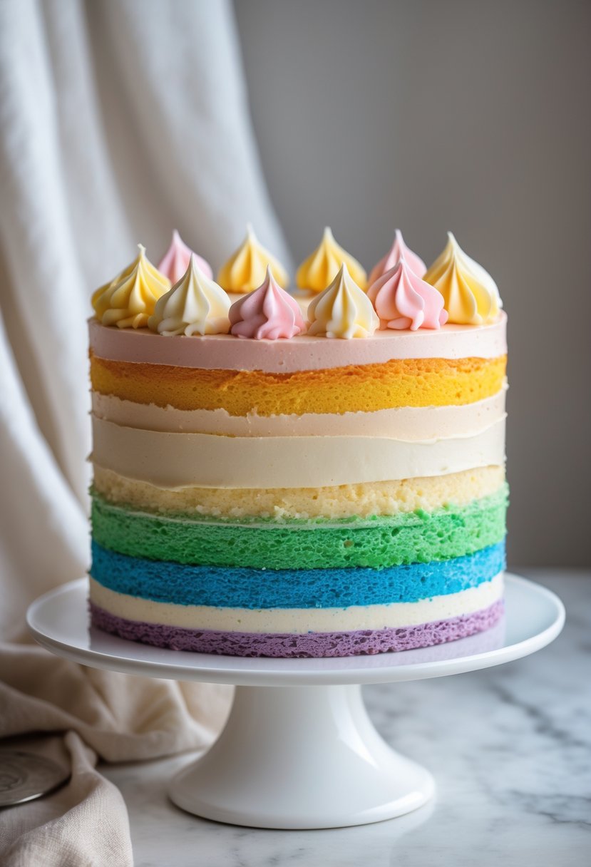 A multi-layered rainbow cake with gradient frosting on a white cake stand against a neutral background.