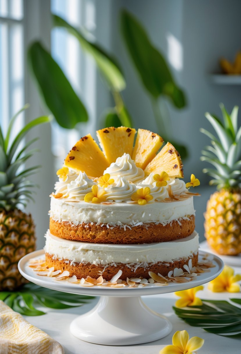 A tropical pineapple coconut cake decorated with pineapple slices and toasted coconut flakes on a white cake stand in a bright kitchen setting.