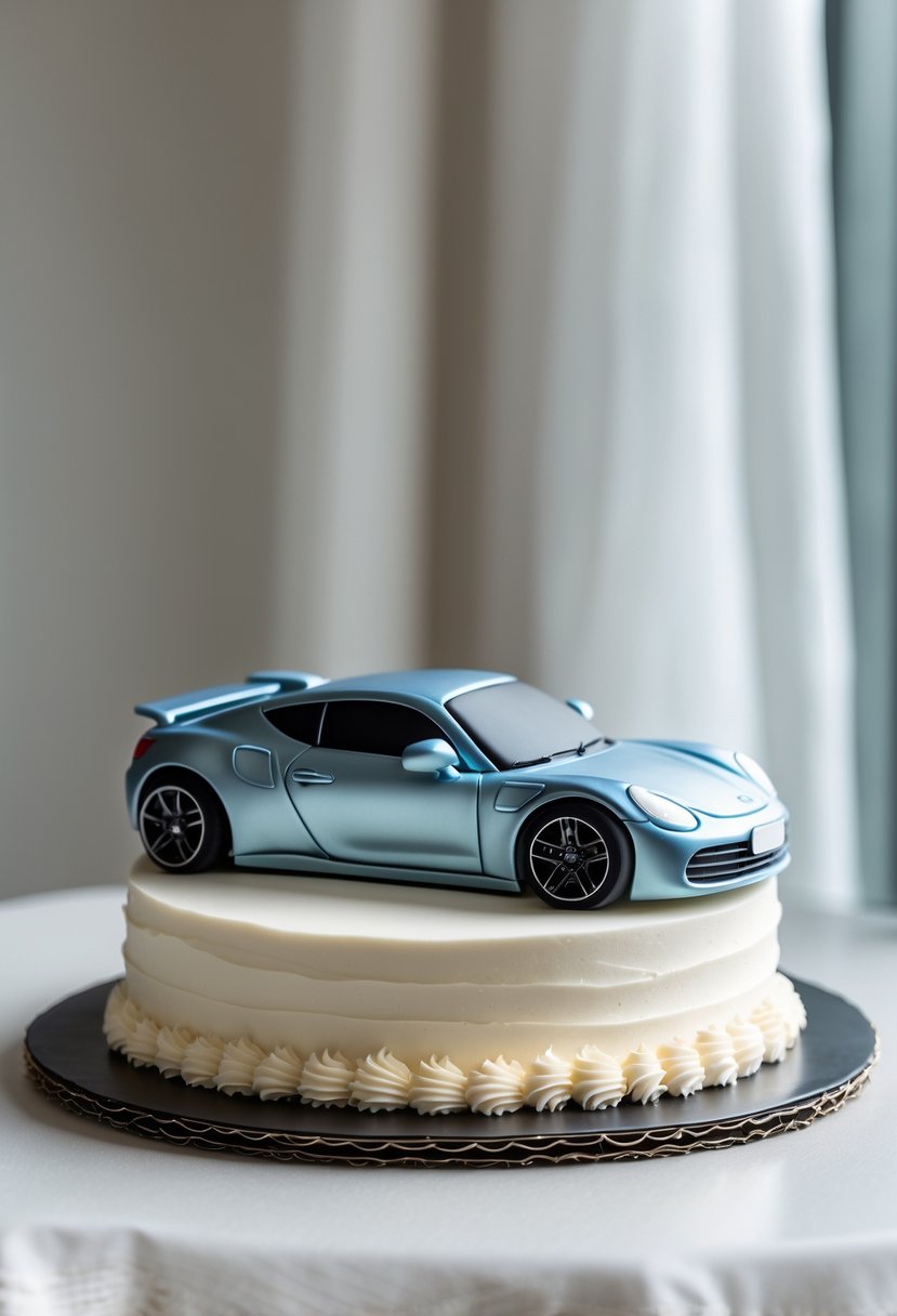 A birthday cake decorated with edible car and tire shapes on a clean surface.