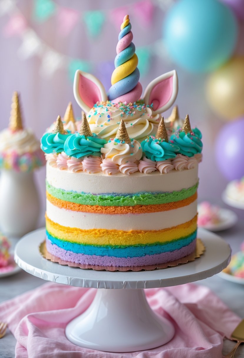 A colorful unicorn rainbow cake with multiple layers, decorated with a fondant horn, pastel buttercream swirls, and edible glitter on a white cake stand.