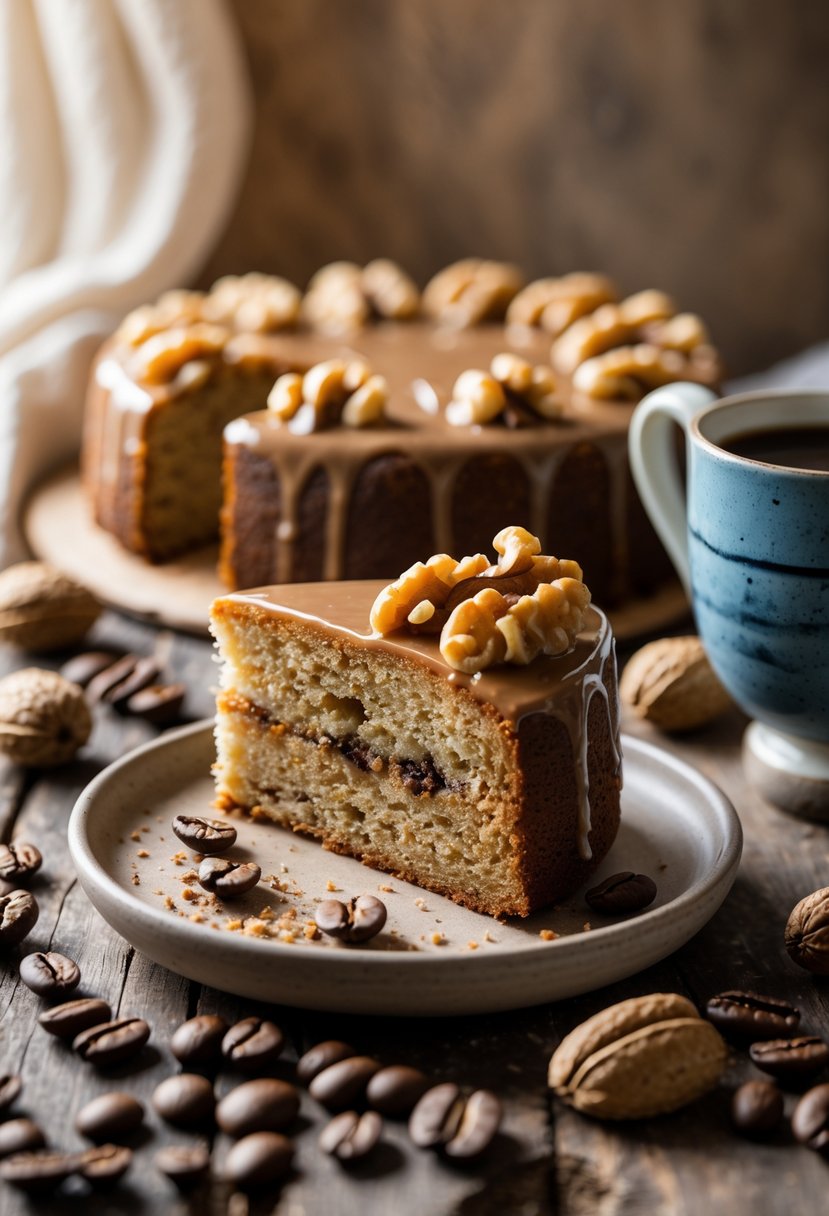 A sliced coffee and walnut cake on a wooden table with walnuts, coffee beans, and a cup of coffee nearby.