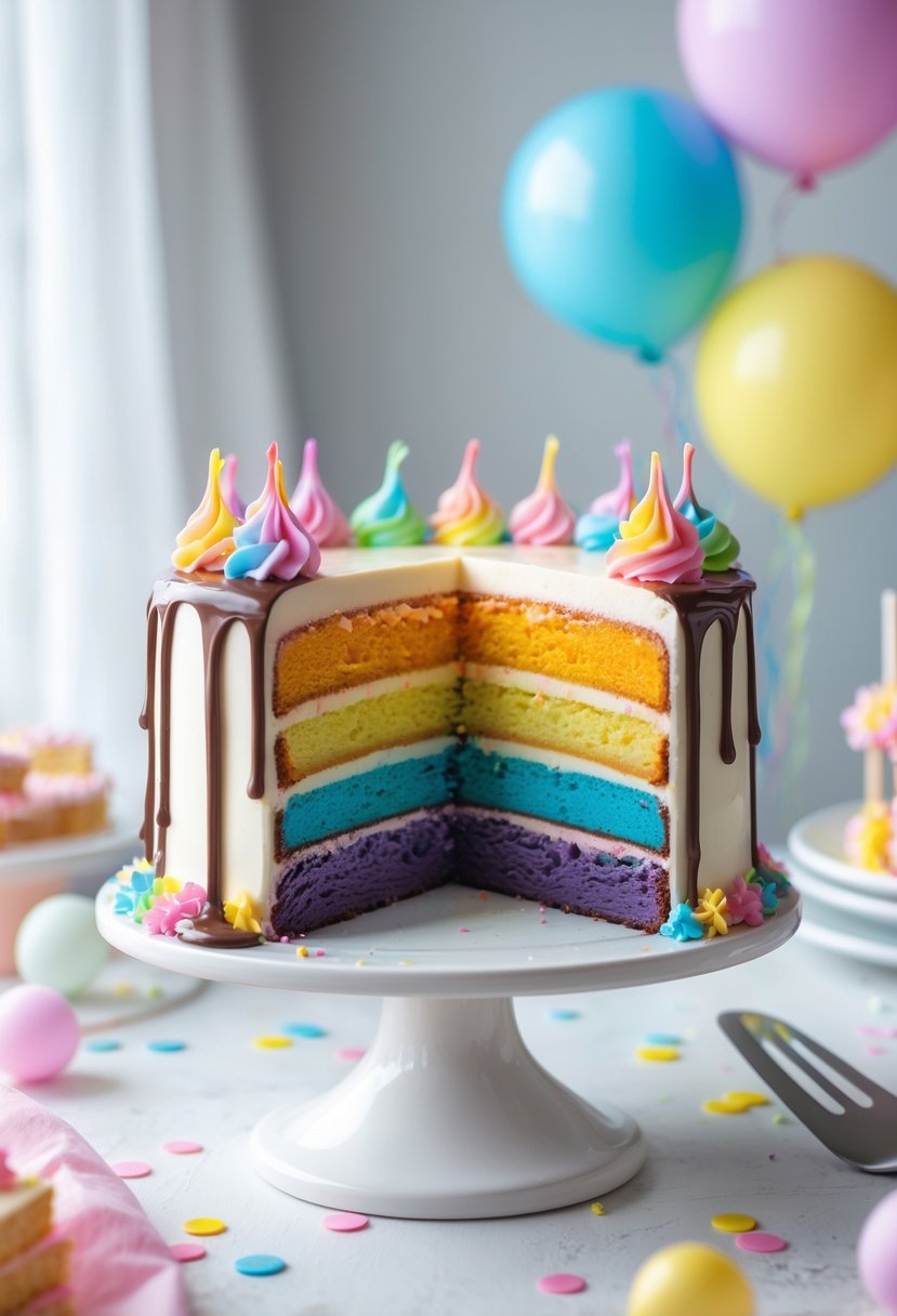 A colorful rainbow layer cake with multicolored chocolate dripping down the sides on a white cake stand.