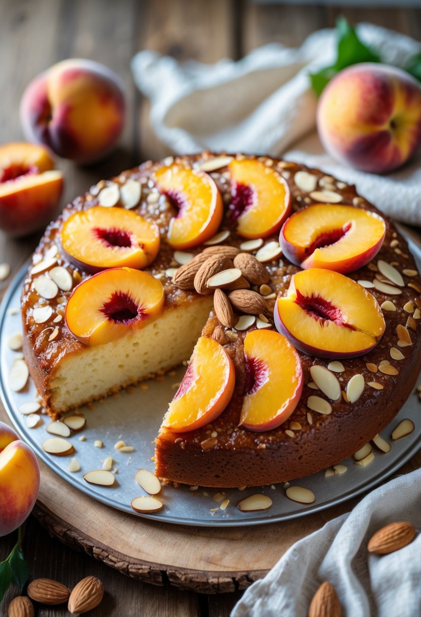 A peach and almond upside-down cake on a wooden table with peach slices and almonds around it.