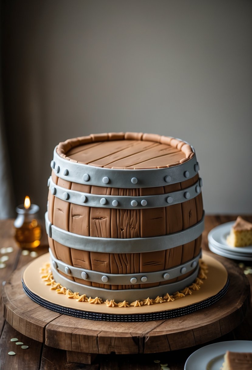 A whiskey barrel-shaped birthday cake with detailed fondant decoration on a wooden table, surrounded by subtle birthday decorations.