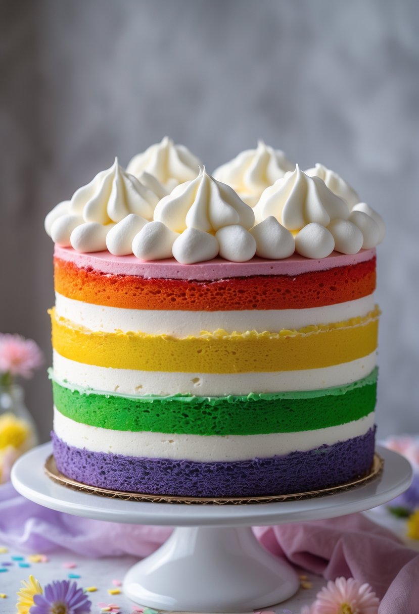 A colorful rainbow layer cake topped with whipped cream shaped like clouds on a white cake stand.