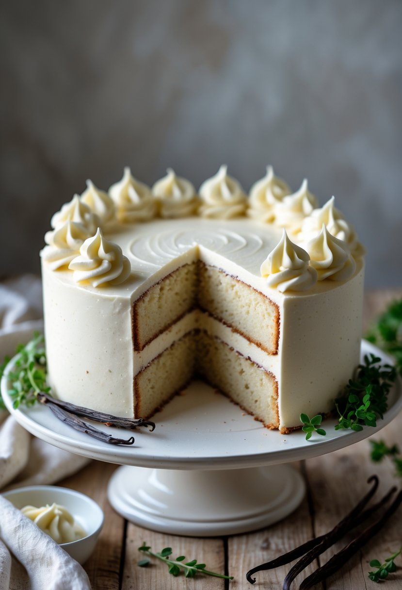 A sliced vanilla bean cake with buttercream frosting on a white cake stand on a wooden table, with vanilla pods and herbs nearby.
