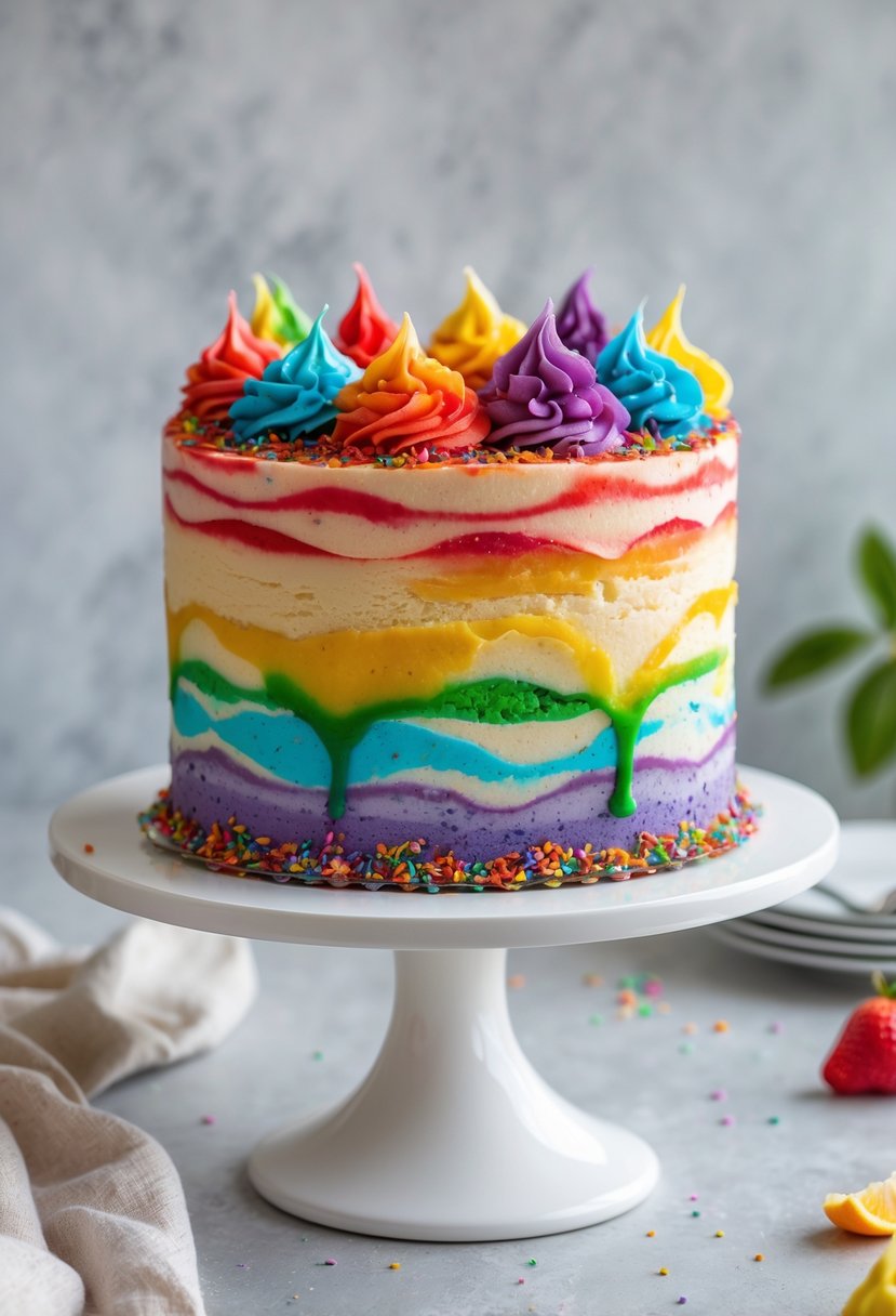 A colorful multi-layered cake with swirled rainbow colors on a white cake stand.