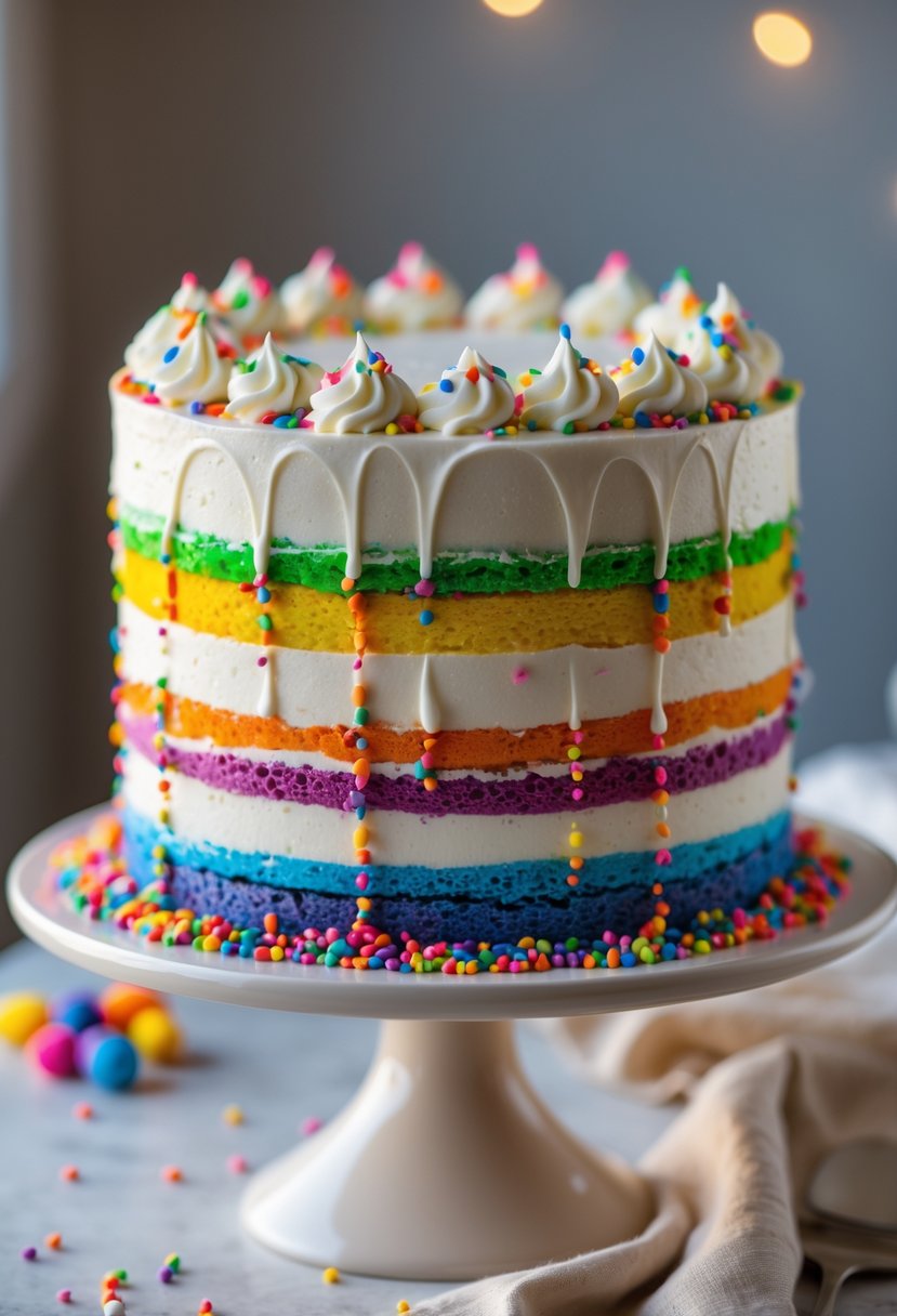 A multi-layered rainbow cake with white frosting and colorful sprinkles cascading down the sides on a cake stand.