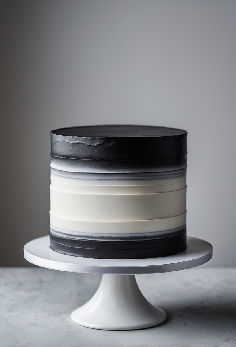 A black and white gradient cake on a white cake stand against a neutral background.