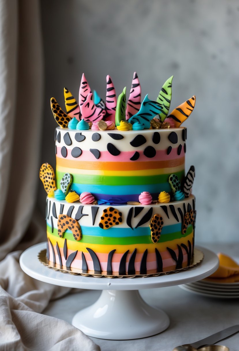 A multi-layered cake decorated with colorful rainbow animal print patterns made from fondant, displayed on a white cake stand.