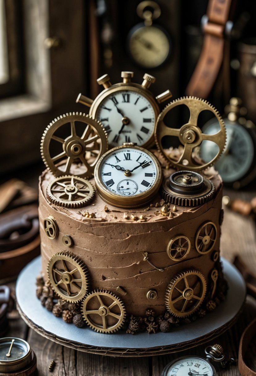 A birthday cake decorated with edible watch gears and clock parts on a wooden surface with vintage items around it.
