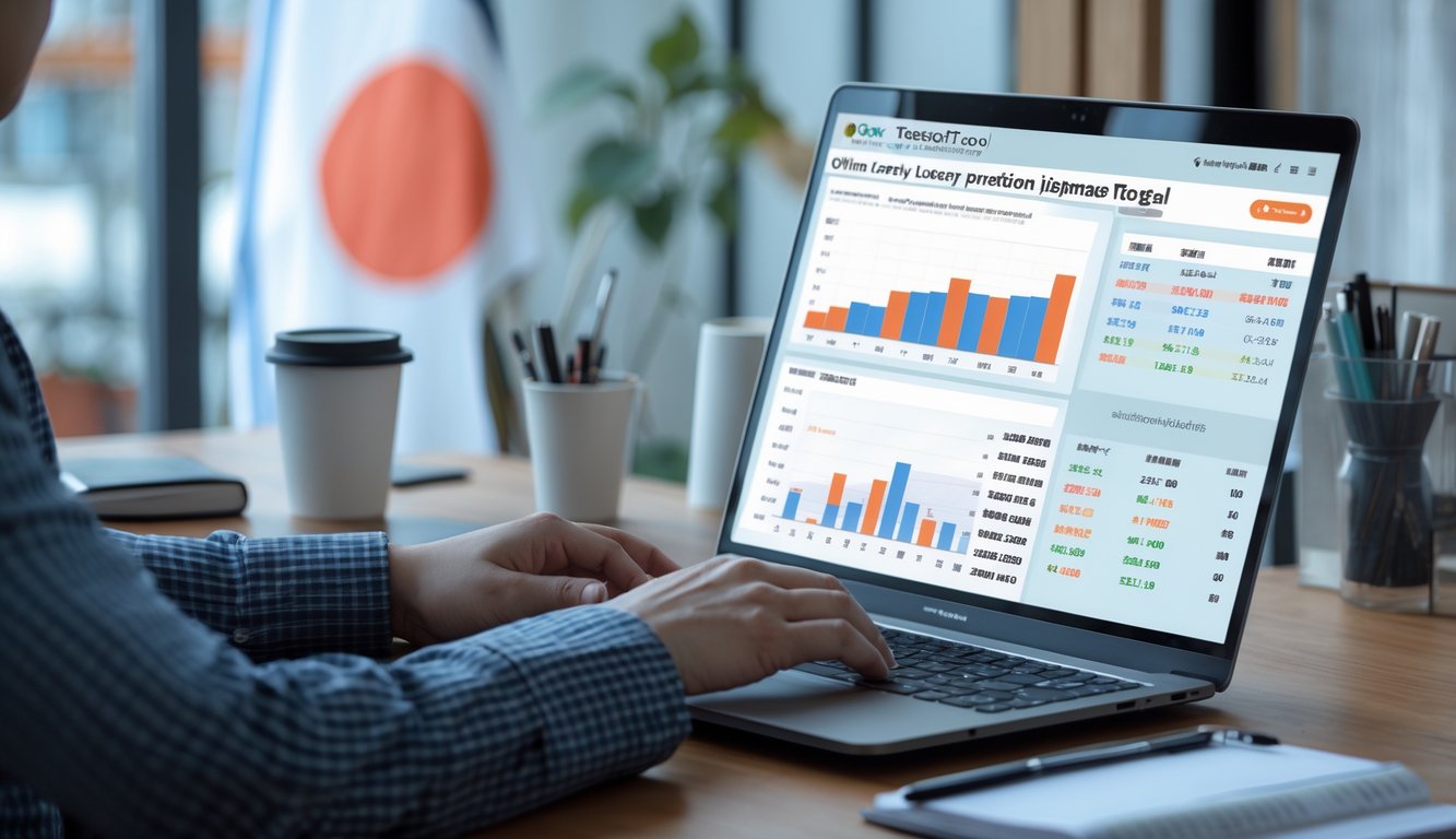 Seorang profesional sedang menganalisis data prediksi togel Jepang di depan laptop di ruang kerja yang rapi dan terang.