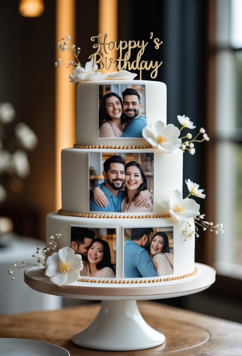 A custom birthday cake decorated with edible photos of a couple's memorable moments, placed on a wooden table.