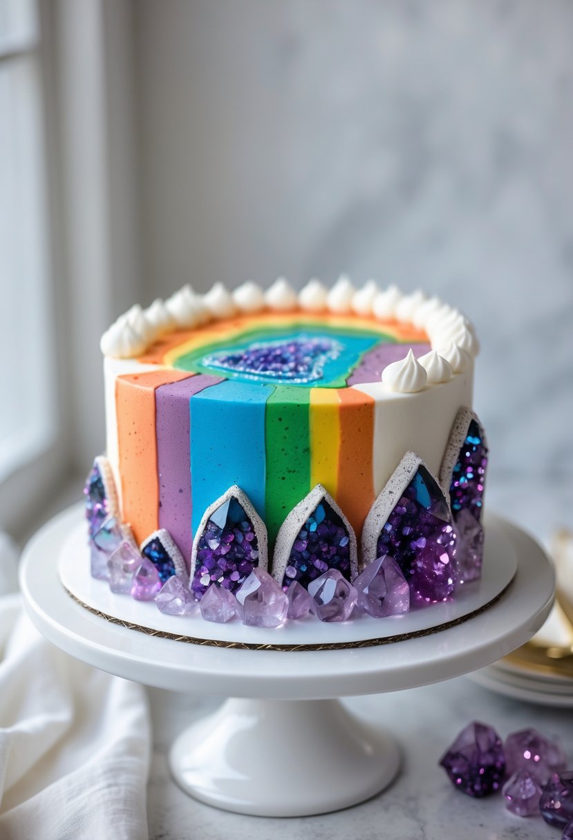 A multi-layered rainbow cake decorated with sparkling crystal sugar accents on a white cake stand.