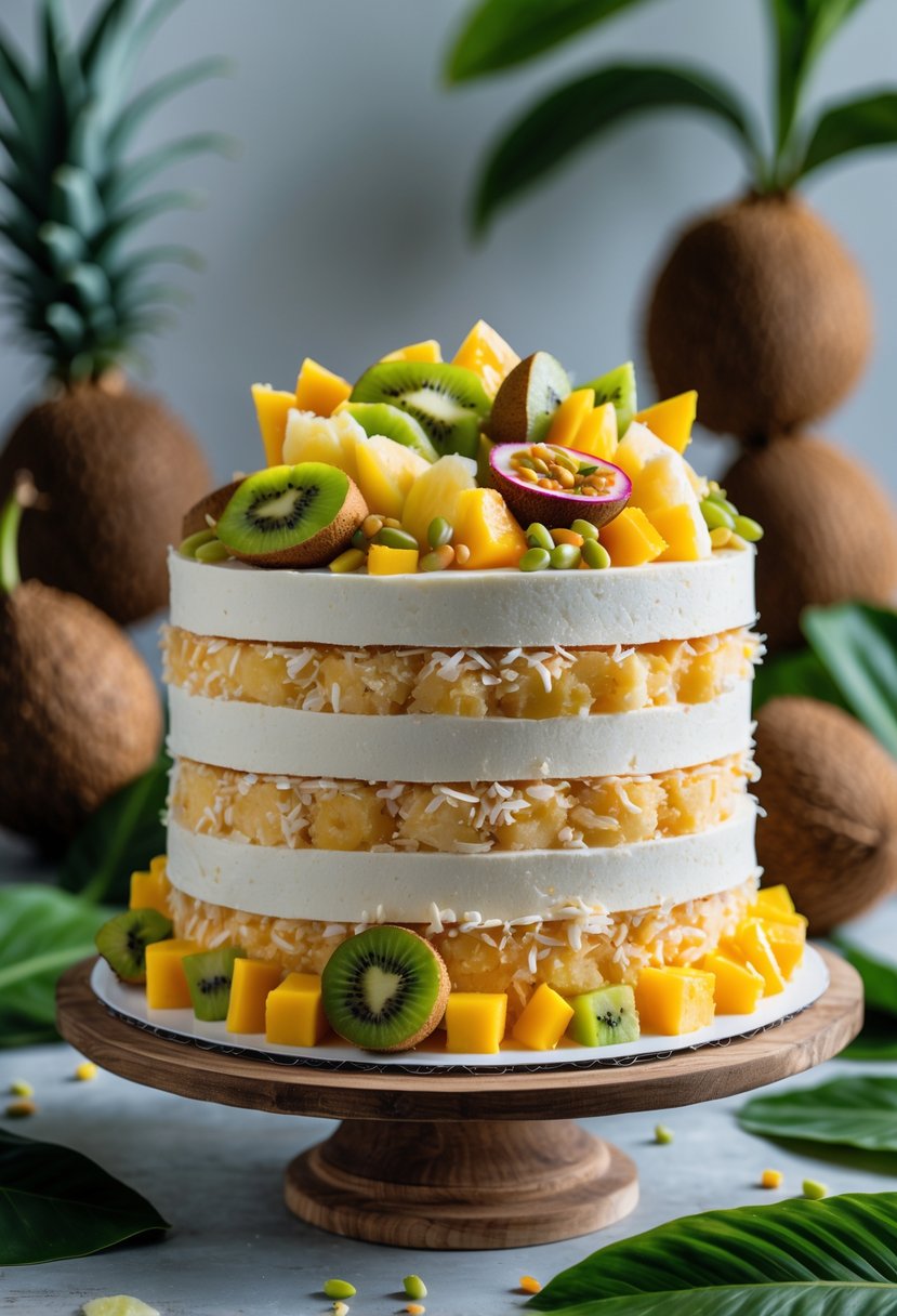 A layered coconut cake topped with fresh tropical fruits on a wooden stand, surrounded by tropical leaves and whole coconuts.