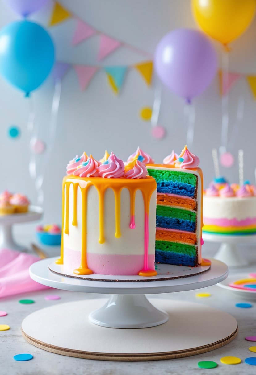 A rainbow drip cake with neon gel colors on a white cake stand, showing colorful layers inside and a glossy drip effect on the outside.