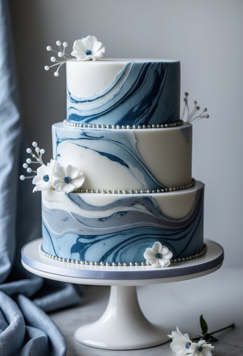 A multi-tiered birthday cake with blue and gray marble patterns, decorated with small white flowers and silver beads on a white cake stand.