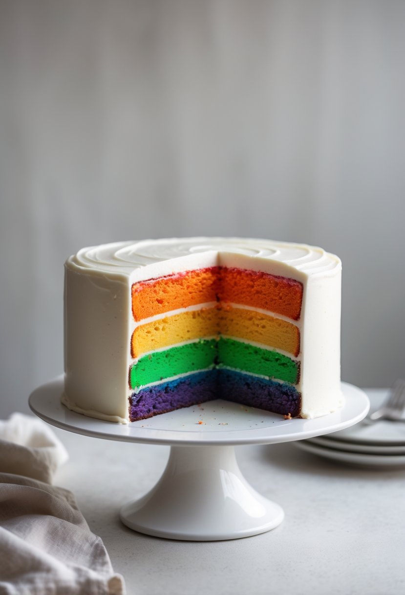 A sliced rainbow cake with smooth white frosting showing bright colorful layers on a white cake stand.