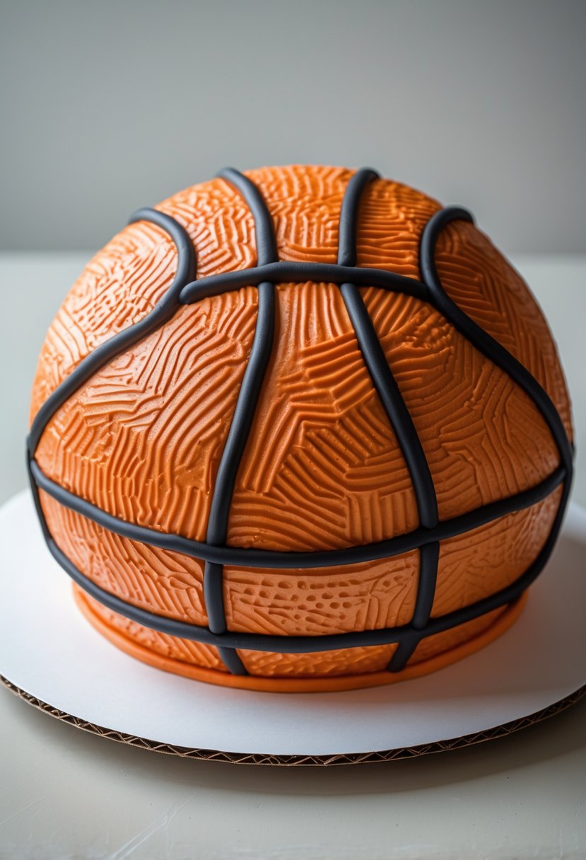 A basketball-shaped cake with realistic orange and black detailing on a white cake board.