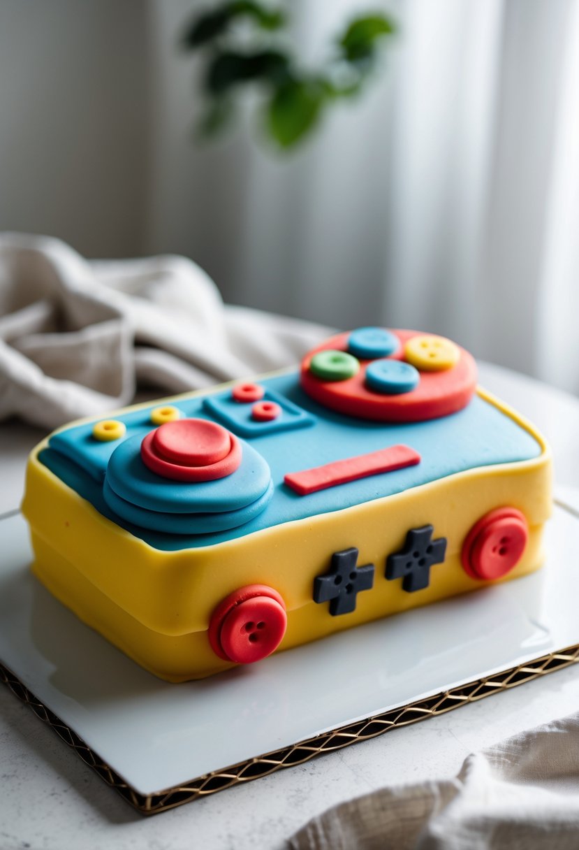 A birthday cake shaped like a retro gaming console with colorful fondant buttons on a neutral surface.