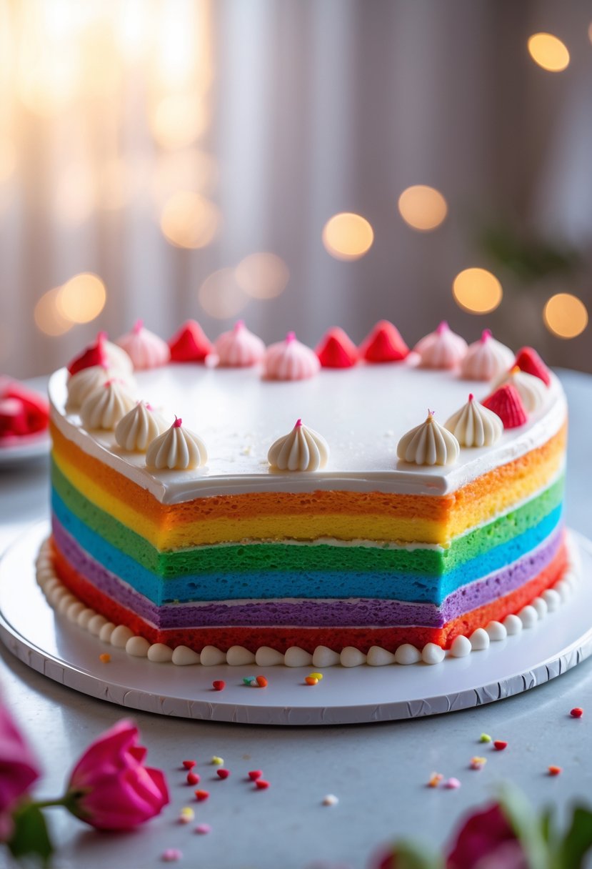 Heart-shaped rainbow layered cake on a white plate with soft blurred background.